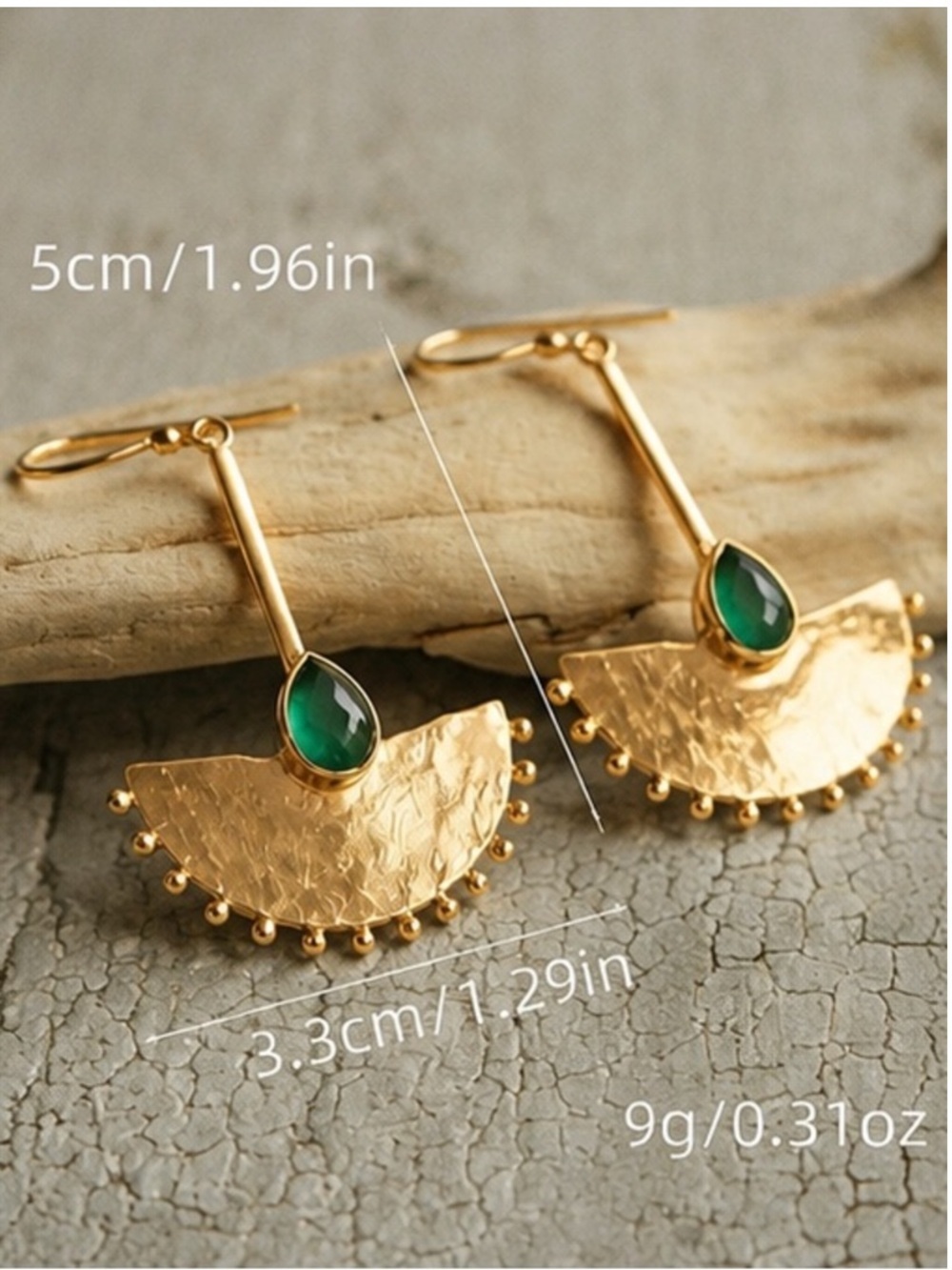 Gold Hammered Fan Earrings with Green Teardrop - Picture 3 of 3